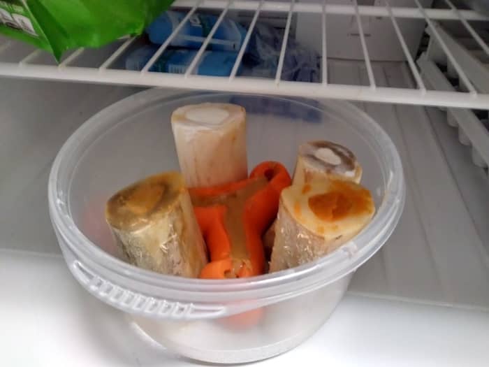 Hollow bones and a Kong toy stuffed with goodness, in my freezer for my furbaby. Keeping these on hand can be a real lifesaver at times.