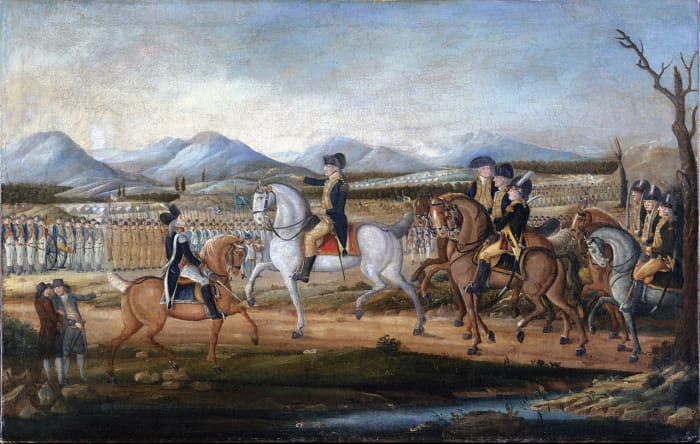 President Washington reviews the troops before their march to suppress the Whiskey Rebellion in western Pennsylvania.