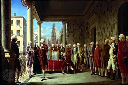 The first inauguration of President George Washington at Federal Hall in New York City on April 30, 1789.