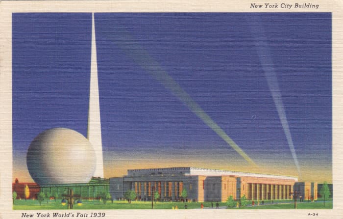 Trylon and Perishere postcard from NY World's Fair, 1939, which introduced space flight and TV