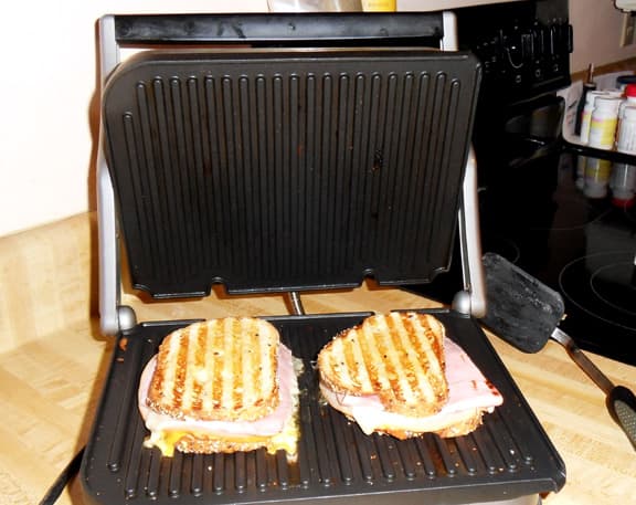 My husband's favorite, just a regular panini grilled ham and cheese sandwich. The cooking plates flip over so you have a smooth and a ridged side.