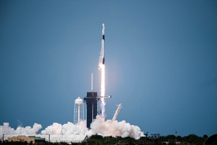 The SpaceX Falcon 9 rocket carrying NASA astronauts Bob Behnken and Doug Hurley to the International Space Station on the Demo-2 mission on May 30, 2020.