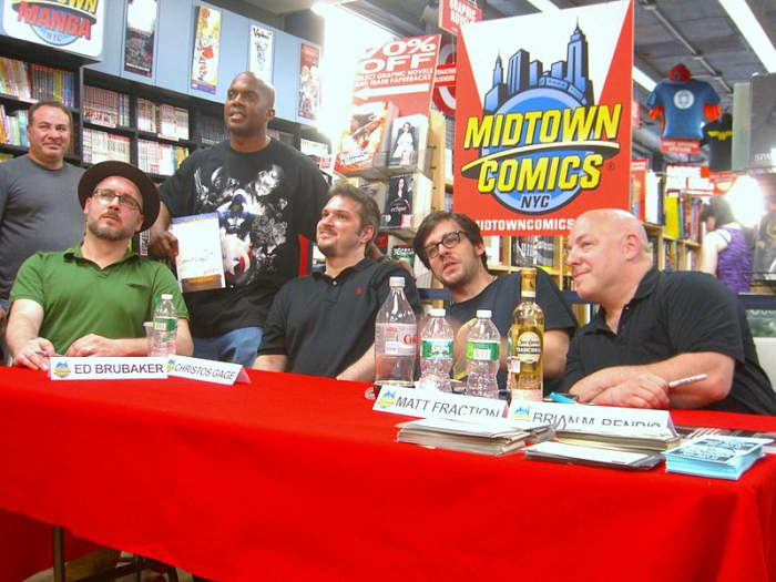 From the left to right: Writers Ed Brubaker , Christos Gage , Matt Fraction and Brian Michael Bendis at a book signing at Midtown Comics Times Square in Manhattan, June 21, 2010.
