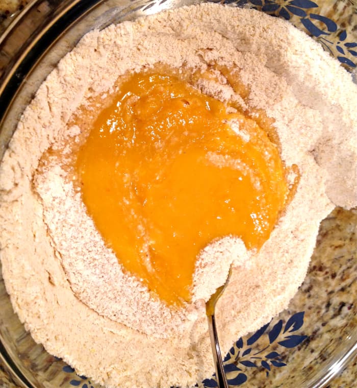 Pour wet ingredients into dry ingredients and stir just until combined. Be careful not to over stir.