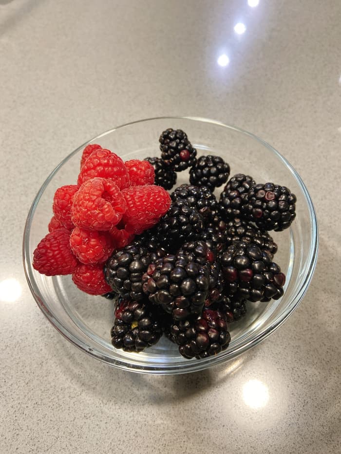 Here are some fresh blackberries and raspberries. I also used blueberries—but I forgot to put them in the bowl.