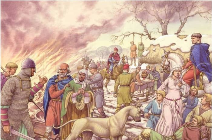 After the aetheling Eadgar and the northern nobles withdrew north to Scotland in the late summer of 1069 William saw fit to punish those left behind, guilty or not. Crops and homes were burnt, livestock run off or killed, people killed for going back