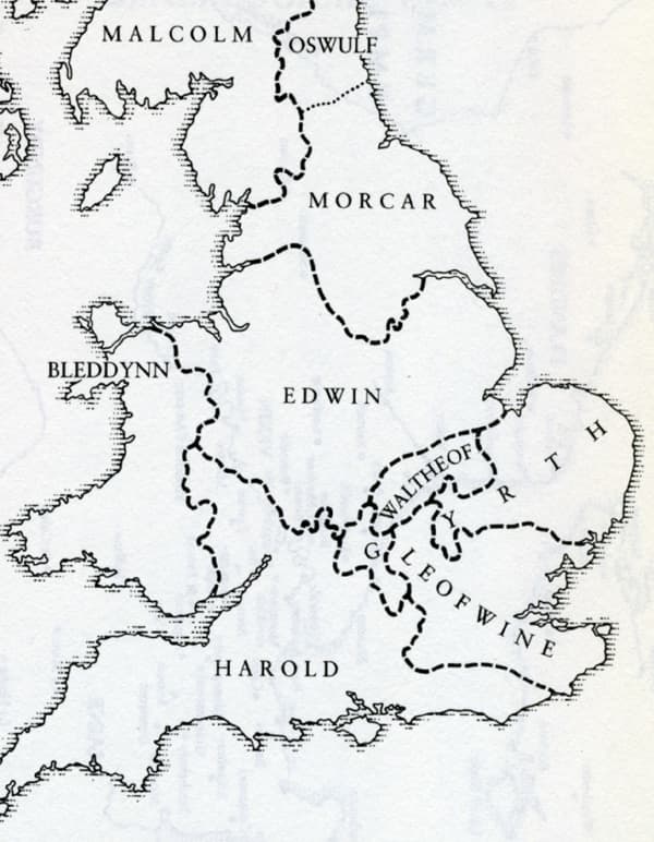 Earldoms, 1065 after Tostig's ousting in October. Northumbria is mostly Morkere's. Oswulf holds land north of the Tyne. After trying to take on 'Hardradi' on his own a large tract of land was handed by Harold to Maerleswein, shire reeve of Lincoln