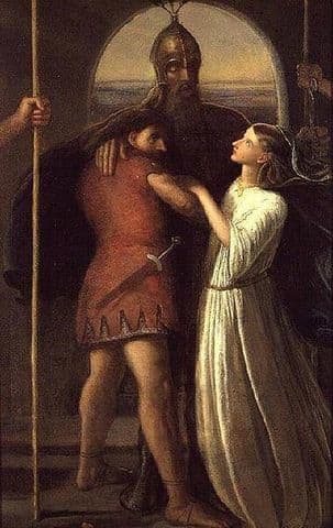 Earl Siward readies for death - the young man on the left is meant to be Waltheof, although he looks a bit 'podgy' - how does he keep his dagger on his hip without a belt?