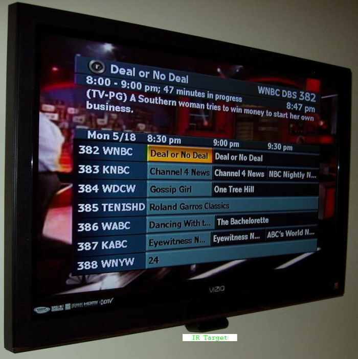 My Vizio TV on the wall. Look Mom no wires! I get DirecTV, ReplayTV, and over the air on a single coax cable. Makes system really clean plus my wife likes not having all the stuff around!