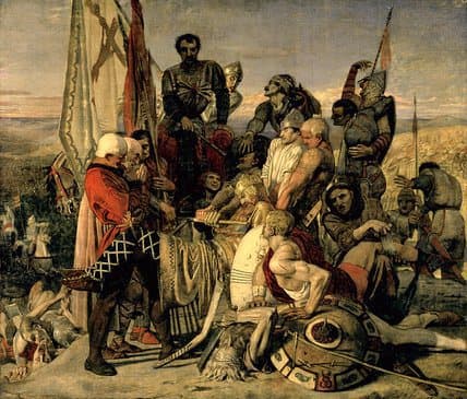Harold's body is brought before Duke William. The duke refused an offer by Harold's mother Gytha of her son's weight in gold. He thought he should bury the former king upright on the strand, ''to watch out for further invaders'.