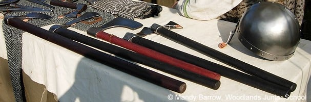 An array of axes laid over chain mail - the theme for 1066, savagery on both sides. No quarter asked for, nor given