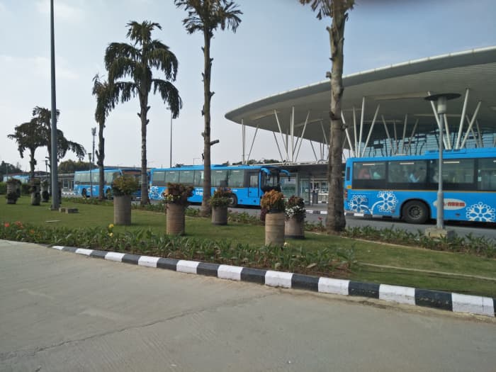 BMTC's Vayu Vajra Air-conditioned Shuttle Buses parked at Bengaluru's Kempegowda International Airport's BMTC Bus Terminal