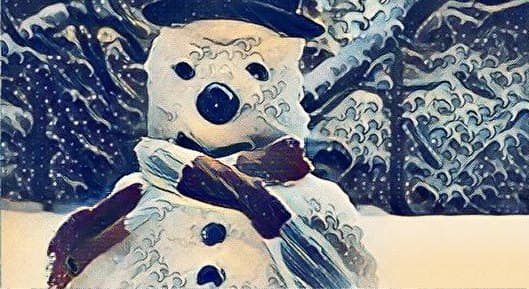 This is Slushy, the snowman, who I built many years ago in my back garden. Sadly, he went the way of all slush - so I've immortalised him in this artwork with the aid of an online editor.