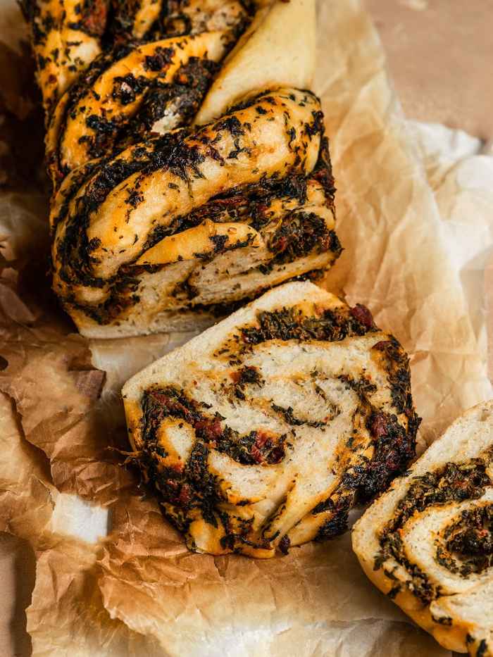 Vegan spinach tomato basil babka