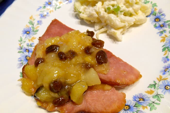 Serve Tropical Baked Ham with Pineapple Raisin Sauce. Potato Salad makes a good side dish.
