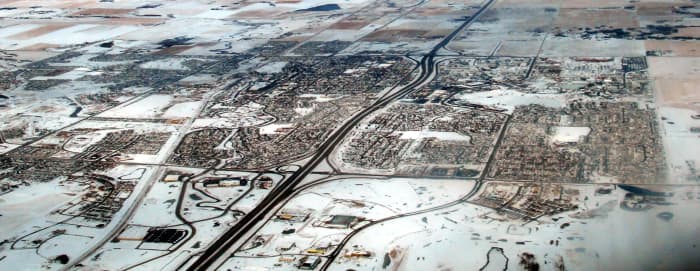 Aerial view of the city of Airdrie, Alberta, Canada