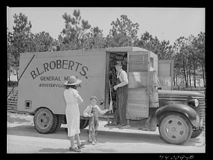The south saw many of these rolling stores who went from home-to-home selling most any goods that the families needed.