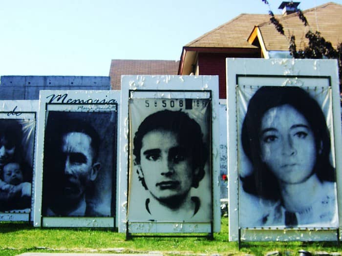 These are photos of disappeared people in art at Parque por la Paz at Villa Grimaldi in Santiago de Chile by Razi Sol.
