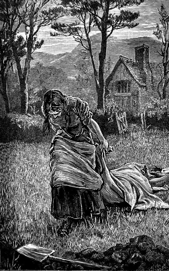 Elizabeth Hancock dragging a body of a family member to bury them.