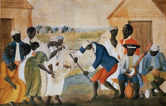 The Old Plantation, ca. 1790-1800. en: Watercolor by unidentified artist. Original painting in Abby Aldrich Rockefeller Folk Art Museum, en: Williamsburg, Virginia, USA.