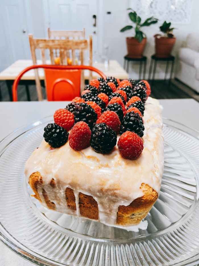 I used fresh raspberries and blackberries to decorate my lemon loaf.