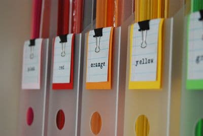 Whatever system you use, you need to create labels that will help you fins what you need. Some folks like to use printed labels, Others like to use examples of the paper, This idea uses a combination of both