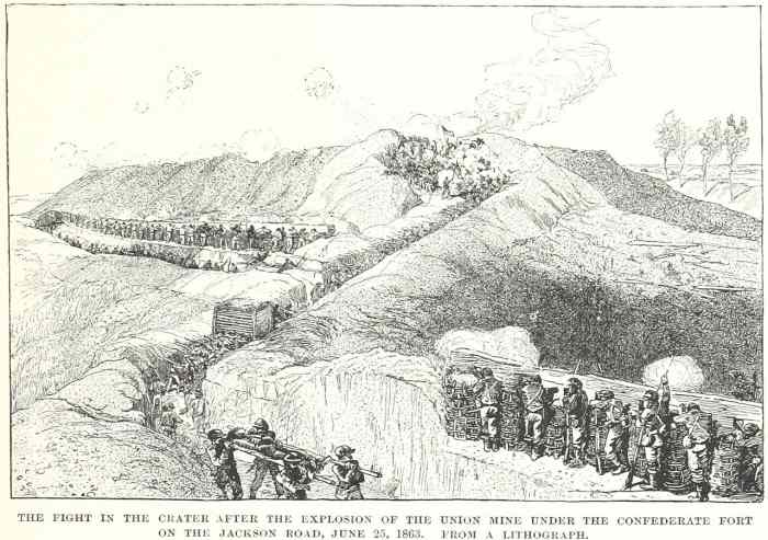 Union troops tunneled underneath a Confederate position outside of Vicksburg to plant a huge mine to displace their position. Similar mines were used on the Western Front during the First World War.