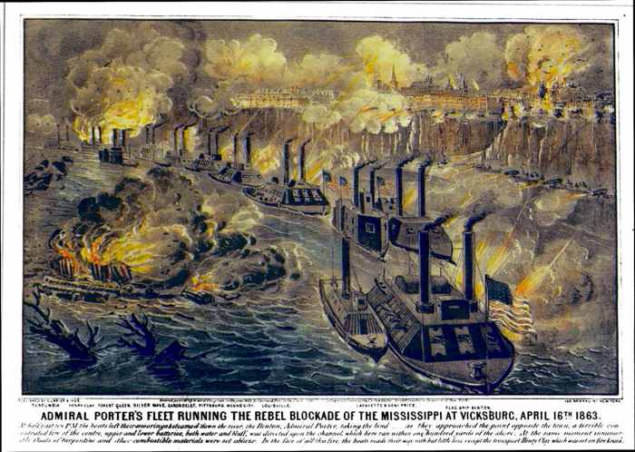 Part of the siege of Vicksburg was the Union naval blockade from the Mississippi River. Their cannon fire would force residents of Vicksburg to live in caves. Photo Published 1863.