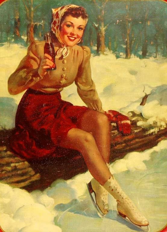 Coca Cola ice skating photo of brunette girl smiling with cola in her hand with the label of Coca Cola showcased and wearing white ice skates