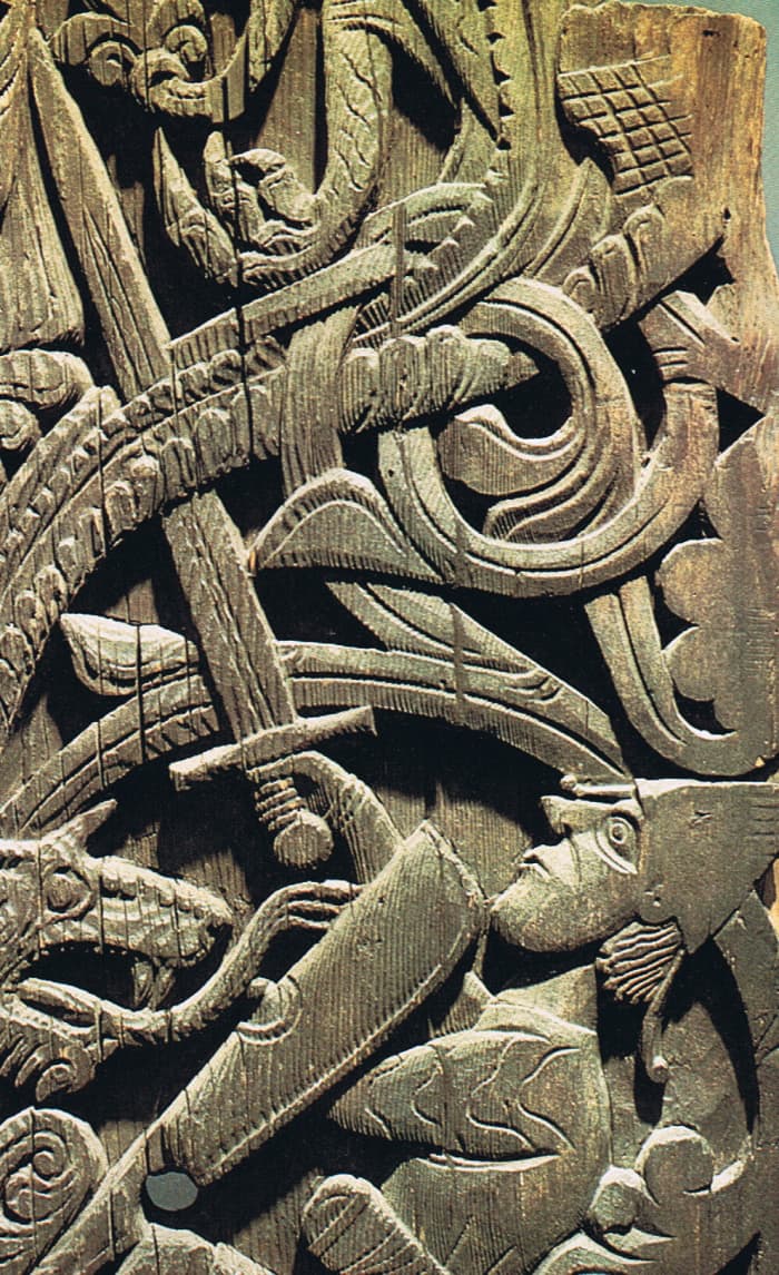 In this wood carving - 'Ragnaroek' - a warrior takes on Jormungand (the World Serpent) in a legendary knot
