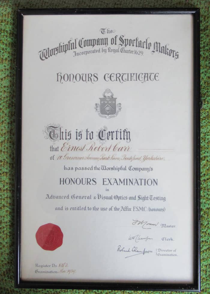 My father's Optical Qualification and Membership of the Worshipful Company of Spectacle Makers - doesn't it sound grand?