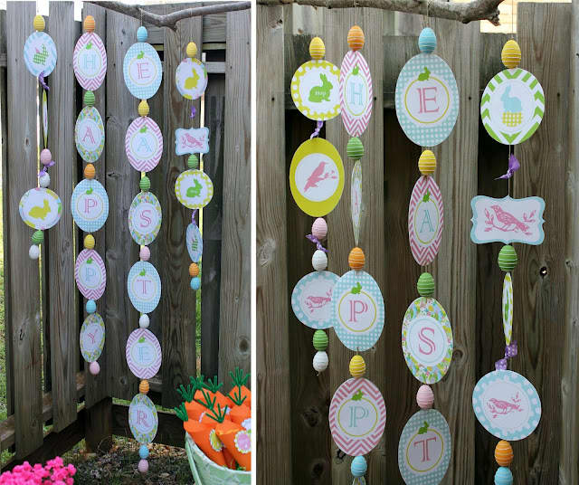 Holiday decorations of hand painted Easter eggs displayed on an exterior railing