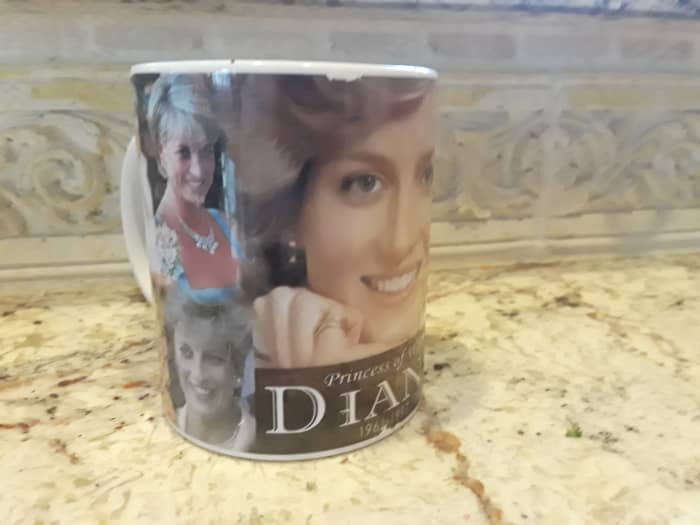 The Princess Diana mug I bought on the trip to London, England. You can see I use it often as it is wearing a bit along the top edge.
