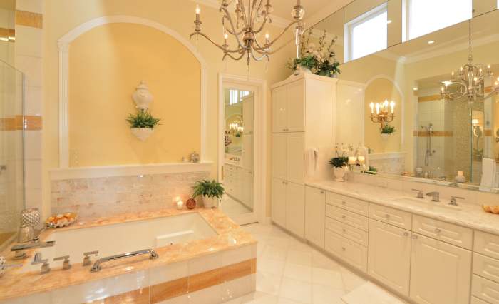 Yellow and pink are both great colors for Leo bathrooms. Adds candles or chandeliers. Look for sharp angles and squares.