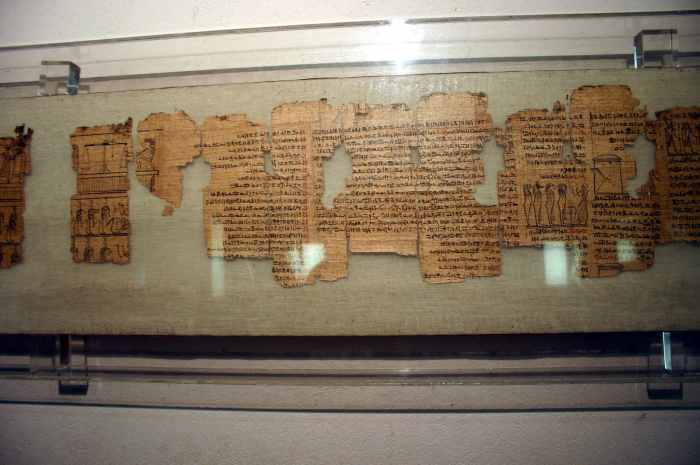 Egyptian Museum in the Castello sforzesco in Milan, Italy. A papyrus displaying a copy of the Book of the Dead, in hieratic writing, dating from the Ptolemaic (i.e. late) period.