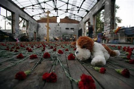 Photo of burned out shell of the gym at Beslan, preserved as a memorial, grim reminder of what had happened