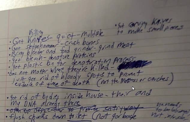 Joel Guy Jr.’s notebook listing items need to kill his parents Lisa and Joel Guy Sr. during the Thanksgiving holiday in 2016.