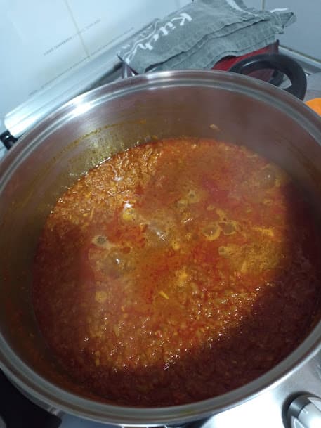 add enough water to make a medium thick soup consistency. leave to simmer for minimum 1/2 hour maximum 1 hour