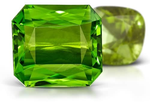 Peridot is a beautiful green stone, but unlike, emerald, is a yellowish green color instead of a deep green.