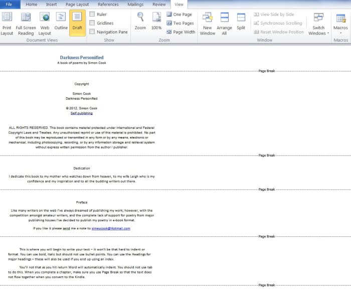 The basic format for an ebook using Microsoft Word 2010 - this is viewed in Draft Mode to show the page breaks. (Click picture to enlarge)