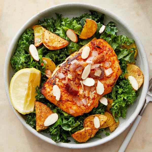 Smoky seared cod and lemon-date sauce