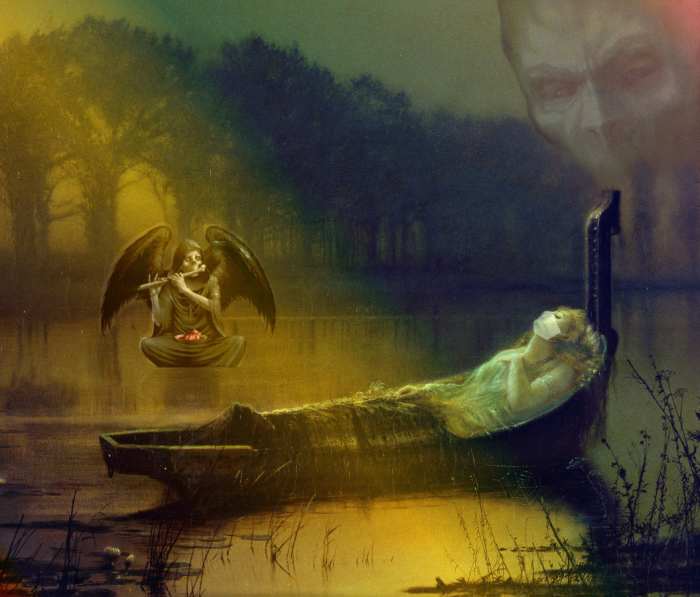 Reworked image by R. G. Kernodle of John Atkinson Grimshaw's "The Lady of Shalott" to symbolize death of logic by face masks