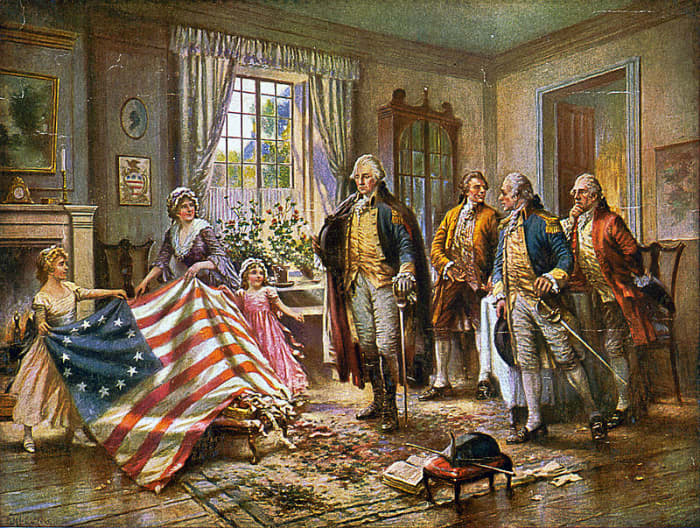 Depiction of Betsy Ross presenting the American flag to General George Washington in the painting "The Birth of Old Glory" by Percy Moran
