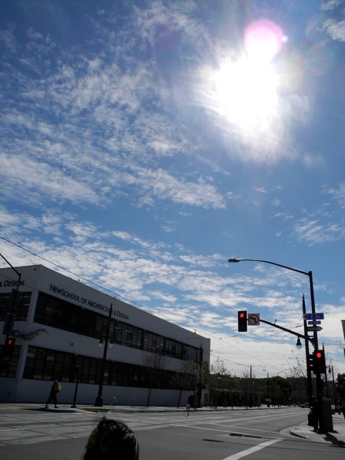 School of Architecture in Downtown San Diego, President's Day... sky covered with key punch pattern, baking soda consistency clouds.