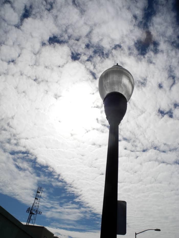 San Diego President's Day, Gaslamp Post filmed against a chemtrail chemical sky exactly the consistency that I filmed in Las Vegas after watching the initial Chemical Chemtrails Disperse.