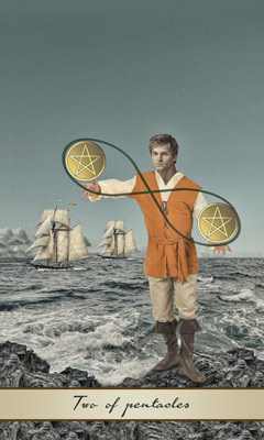 The Two of Pentacles is confronting and attempting to juggle two different financial opportunities. If he has the right focus, he can take on both jobs. If he can't focus, he may be like the turbulent ships behind him -- close to falling underwater.