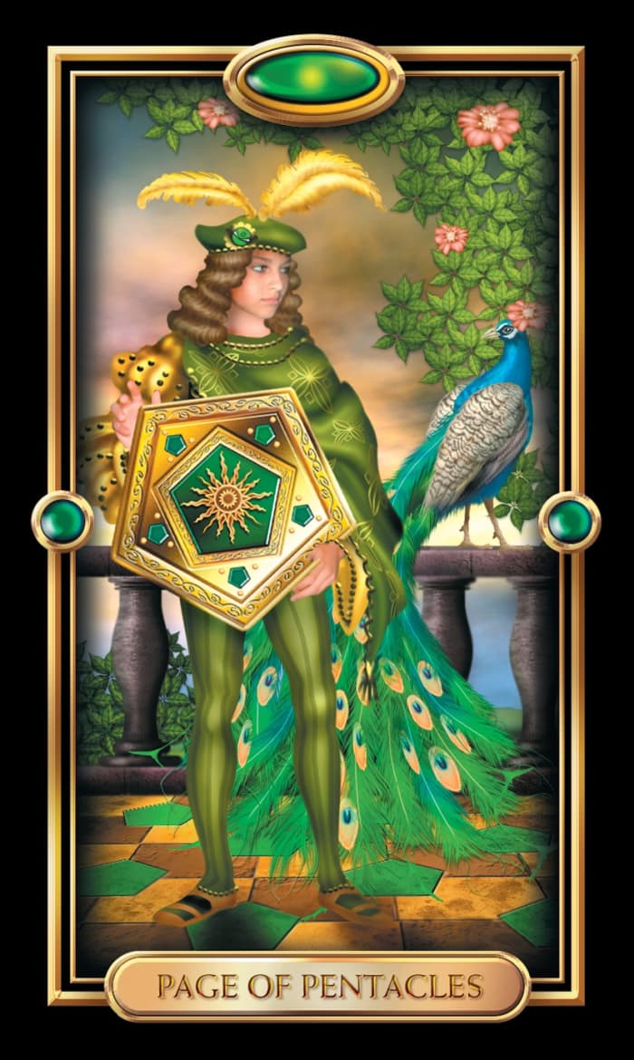 The Page of Pentacles has stumbled into the mysteries of finances. She is on a path to enlightenment and crossing from the world she knew into a plane of prosperity. She has the right poise for her future.