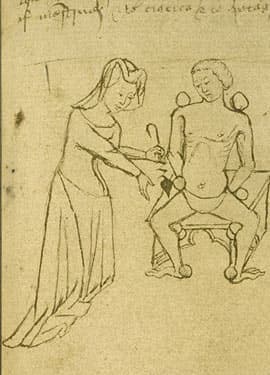 Medieval female physician, 1400 - 1425 (From an early 15th century English manuscript, The British Library)