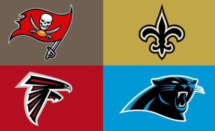 The NFC South consists of the New Orleans Saints, Atlanta Falcons, Tampa Bay Buccaneers, and Carolina Panthers.