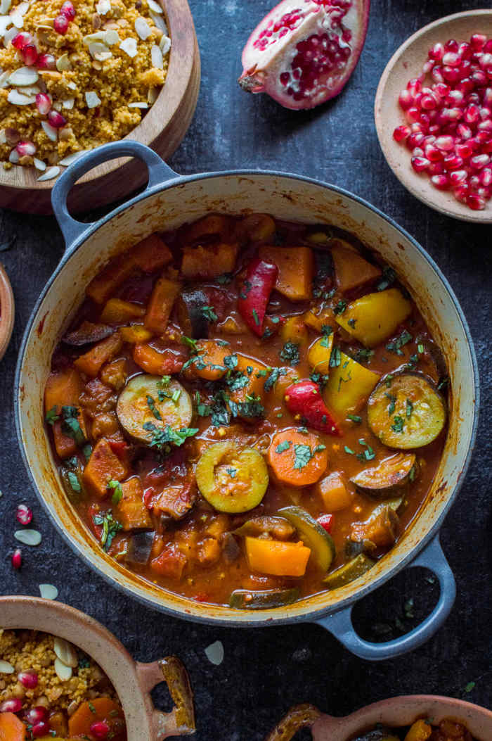 Vegetable tagine with almond and chickpea couscous
